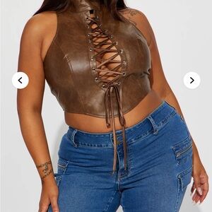 Fashion Nova Brown Lace-Up Leather Crop Top